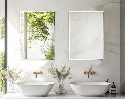 Frameless Rectangular Wall Mirror: Decorative Rectangle Mirrored Glass Vanity with Beveled Silver Edge for Bathroom Bedroom Livingroom Dining Room Entryway Hallway, 20 x 16 inch