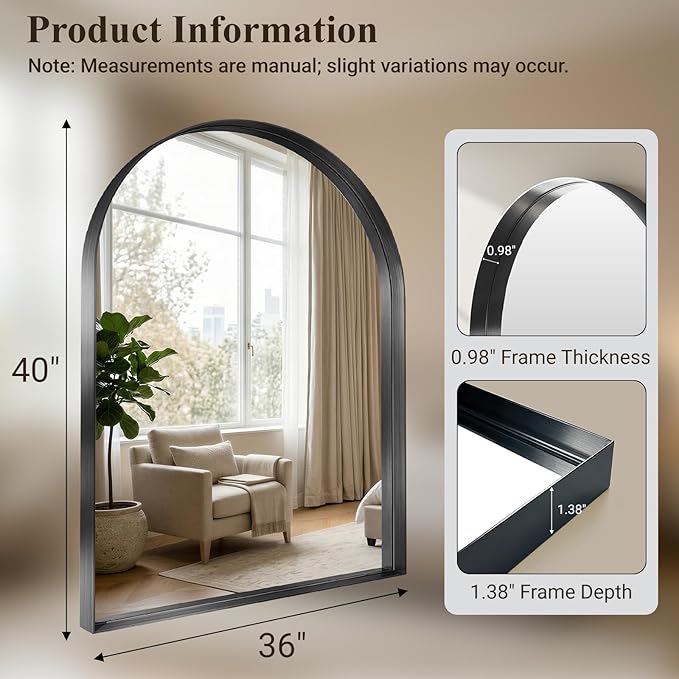 Bathroom Mirror, 36" L×48" W Arched Mirrors for Bathroom Sink, Dark Brushed Black Frame Mirror for Wall, Tempered Glass for Vanity, Living Room,Bedroom,Restroom,Entry Way