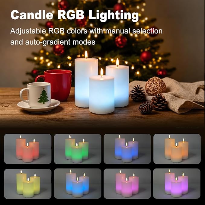 LEDHOLYT Rechargeable Flameless Candles, RGB Color Changing Realistic Flickering Flameless Candles with Remote & Timer, Set of 3