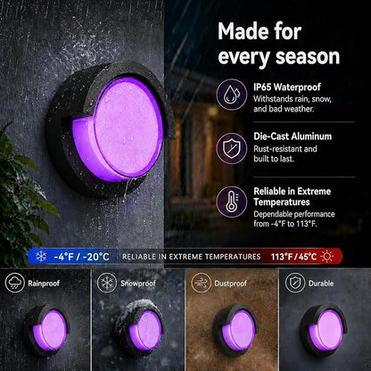 Meevt Smart Outdoor Wall Lights, 1200LM RGBCW Porch Lights, IP65 Waterproof Exterior Wall Sconce, Work with Alexa & Google Assistant, App & Remote Control Wall Lights for Patio, Garage, Round, 1 Pack