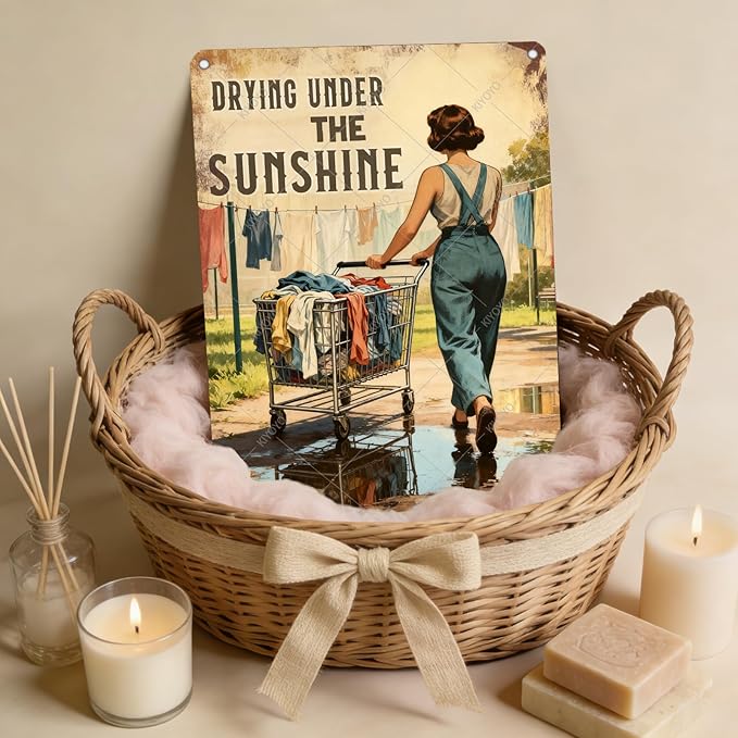Drying Under The Sunshine Tin Sign Rustic Laundry Room Decor Vintage Metal Wall Art for Farmhouse Kitchen Bathroom 16x12 Inch
