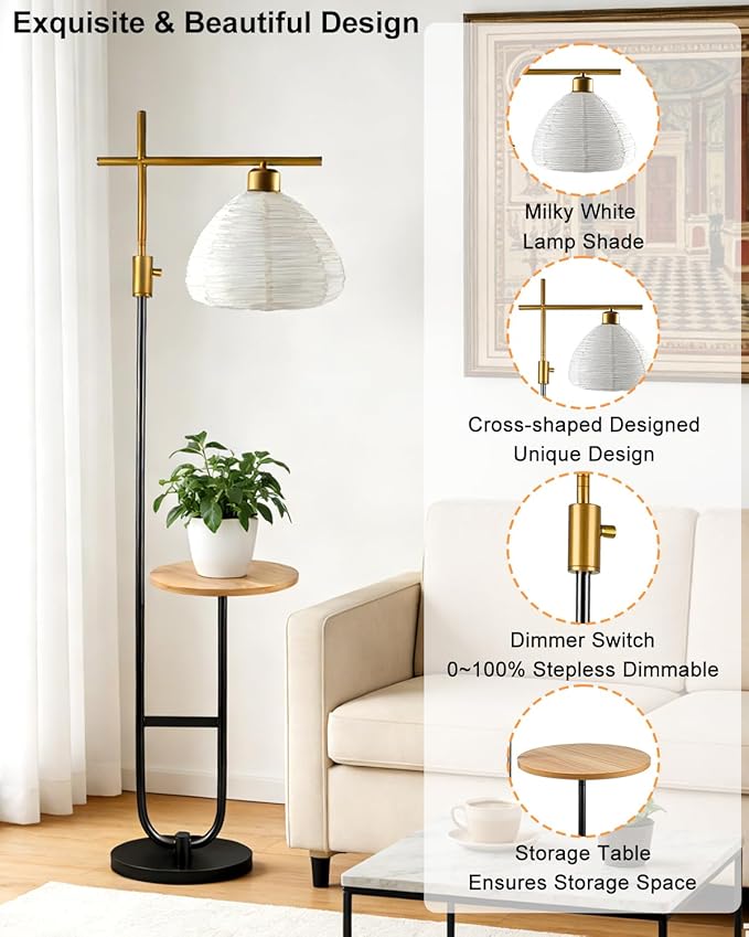 Lightdot 66IN Gold&Black Dimmable Floor Lamps with Storage Table, Modern Standing Tall Lamp with Milky White Globe Lampshade, Cross-Shaped Lamp Head and U-Pole Base Style for Living Room/Bedroom