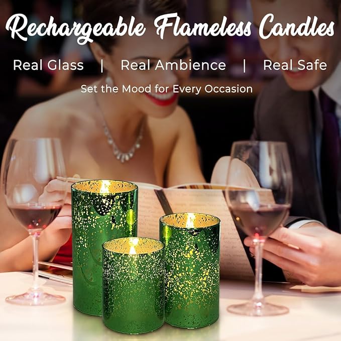 LEDHOLYT Rechargeable Flameless Candle, Flickering LED Pillar Glass Fake Candle with Remote and Timer, Built-in Battery Real Wax Electronic Candle for Room Decoration, Set of 3