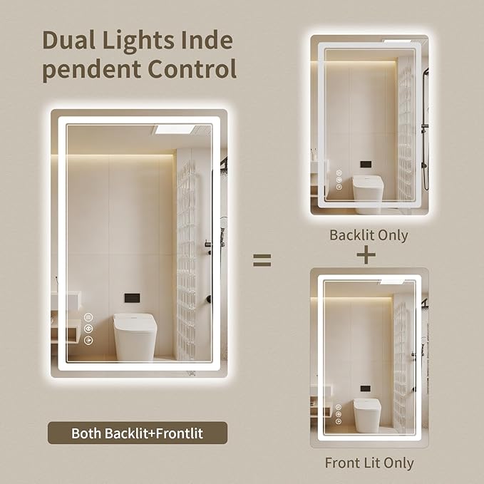 24"x36" LED Bathroom Mirror with Lights, Backlit + Front Lit, Anti-Fog, Lighted Bathroom Mirror for Wall, HD Shatterproof Tempered Glass, Dimmable, Memory Function (Horizontal/Vertical)