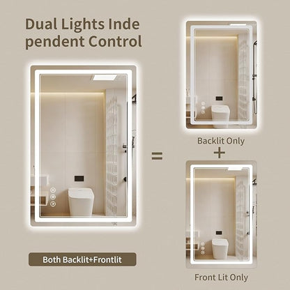 24"x36" LED Bathroom Mirror with Lights, Backlit + Front Lit, Anti-Fog, Lighted Bathroom Mirror for Wall, HD Shatterproof Tempered Glass, Dimmable, Memory Function (Horizontal/Vertical)