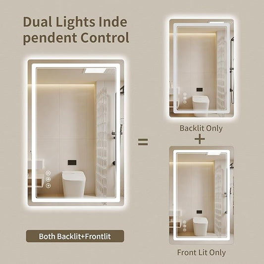 24"x36" LED Bathroom Mirror with Lights, Backlit + Front Lit, Anti-Fog, Lighted Bathroom Mirror for Wall, HD Shatterproof Tempered Glass, Dimmable, Memory Function (Horizontal/Vertical)
