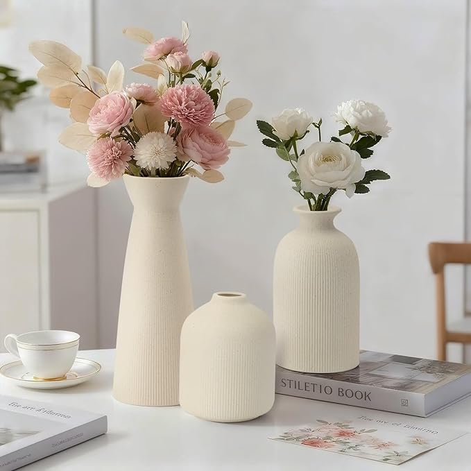 Ceramic Flower Vases Set of 3, Valentine's Day Gift Vases with Vertical Stripe Texture, Modern Decorative Vases for Dried Flowers, Home Decor Vases for Living Room Bedroom Kitchen Shelf(Beige)