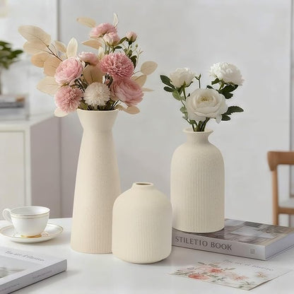 Ceramic Flower Vases Set of 3, Valentine's Day Gift Vases with Vertical Stripe Texture, Modern Decorative Vases for Dried Flowers, Home Decor Vases for Living Room Bedroom Kitchen Shelf(Beige)