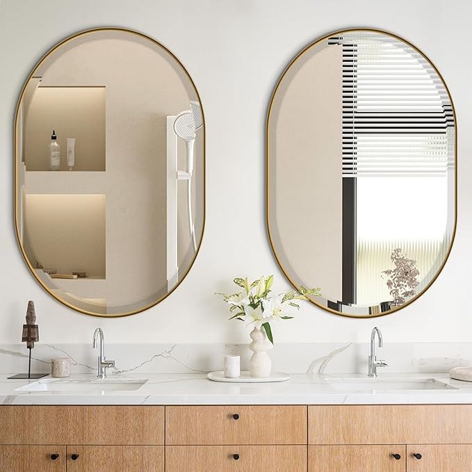 POZINO Modern Oval Beveled Mirror, 24"x36" Brushed Gold Bathroom Vanity Mirror Over Sink, Pill Shaped Capsule Wall Mounted Mirrors for Living Room Bedroom Entryway, Hangs Vertically or Horizontally