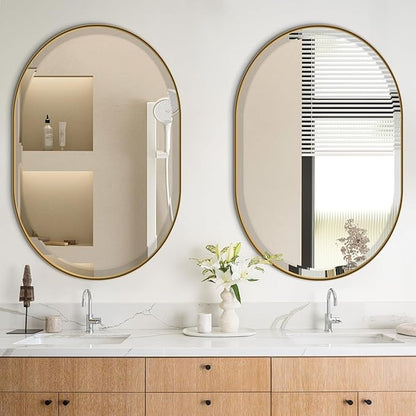 POZINO Modern Oval Beveled Mirror, 24"x36" Brushed Gold Bathroom Vanity Mirror Over Sink, Pill Shaped Capsule Wall Mounted Mirrors for Living Room Bedroom Entryway, Hangs Vertically or Horizontally