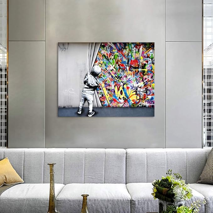 Banksy Graffiti Wall Art Behind The Curtain Classic Street Art Printing Colorful Canvas Paintings Posters and Pictures Prints Framed Modern Home Decor Artwork for Living Room(24''W x 18''H)