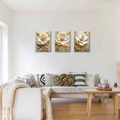 WENGTIAO Modern White Floral Golden Leaves Canvas Wall Art Set, Neutral 3d Flowers Wall Painting Pictures Boho Beige Blossom Wall Decor Posters Print Artwork for Bedroom Living Room Office 12x16x3Pcs