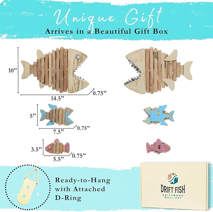 Driftwood Fish 3-in-1 Nautical Wall Decor - Handmade Wooden Rustic Coastal Wall Art for Living Room, Bedroom, Office, Bathroom - Ocean Beach Decoration (Skelly)