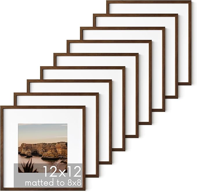 HAUS AND HUES Walnut Oak Wood 12x12 Picture Frames - Set of 9, Square Frames with Mat, Modern Frames for Posters and Photos (12x12 in, Walnut, Set of 9)