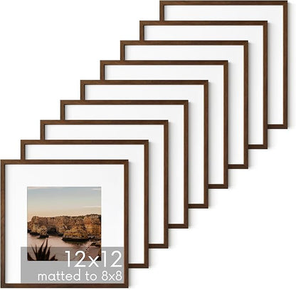 HAUS AND HUES Walnut Oak Wood 12x12 Picture Frames - Set of 9, Square Frames with Mat, Modern Frames for Posters and Photos (12x12 in, Walnut, Set of 9)