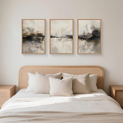 HOURIA Large Abstract Neutral Beige & Black Framed Canvas Wall Art Set,Modern Minimalist Brown Wall Decor,Textured Gray Tan Illustrations Artwork for Living Room, Bedroom, Farmhouse- 16"x24"x3