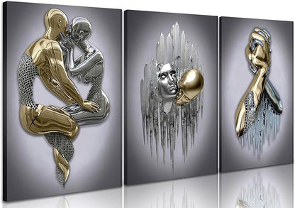 Modern Bedroom Wall Art Set of 3-3D Metal Effect Couple Canvas Paintings Wall Decor, Abstract Figure Statue Art Prints for Living Room Home Decor - 12x16in Framed