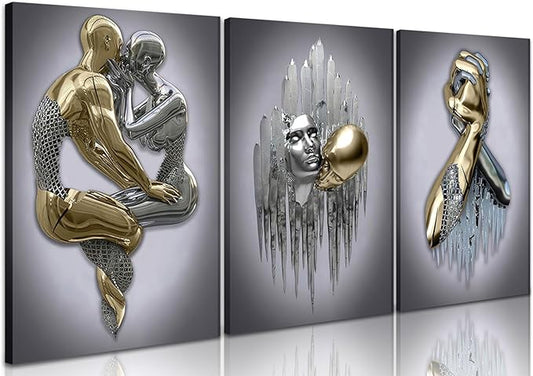 Modern Bedroom Wall Art Set of 3-3D Metal Effect Couple Canvas Paintings Wall Decor, Abstract Figure Statue Art Prints for Living Room Home Decor - 12x16in Framed