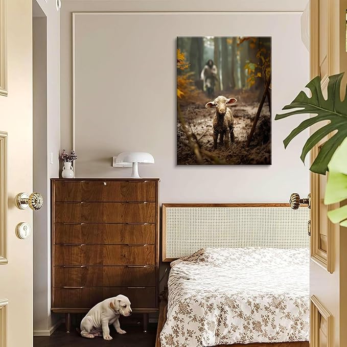 Jesus and Lamb Canvas Wall Art Jesus Running After Lost Sheep Wall Decor Christian Baptism gifts Lamb of God Painting Poster Print Artwork for Living Room Bedroom Church Decor 8X10 in canvas