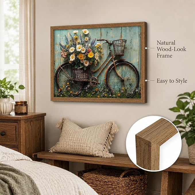 Framed Rustic Farmhouse Daisy Wall art Vintage Bicycle Flowers Painting Picture Wall Decor Flower Still Life Poster Print Artwork for Bathroom Living Room Bedroom Home Decoration
