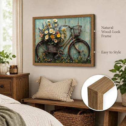 Framed Rustic Farmhouse Daisy Wall art Vintage Bicycle Flowers Painting Picture Wall Decor Flower Still Life Poster Print Artwork for Bathroom Living Room Bedroom Home Decoration