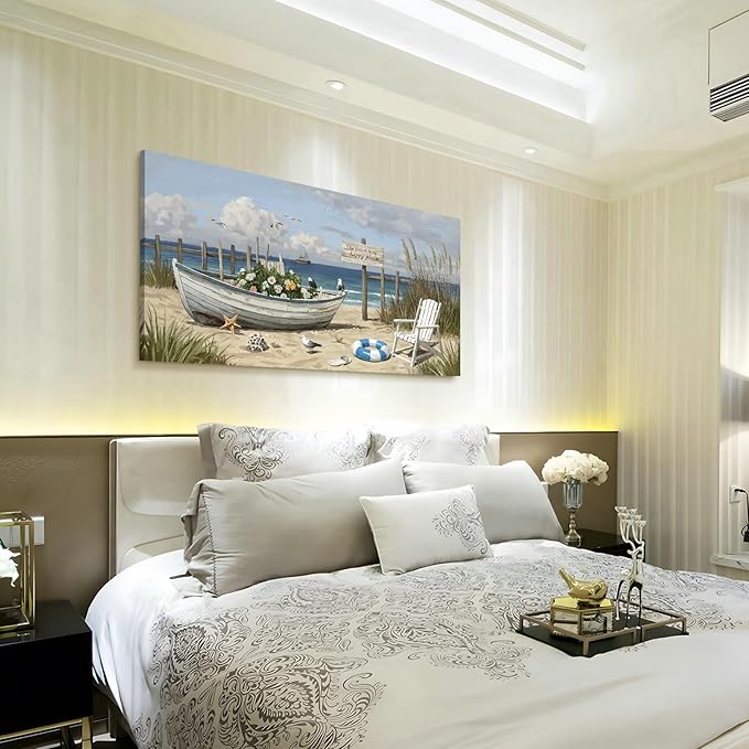 Large Seaside Wall Art, Modern Natural Canvas Wall Decor. Floral Coastal Boat Landscape Print Picture, Romantic Coastal Artwork For Living Room, Bedroom, Bathroom, Kitchen, And Study. 48X24 Inches.