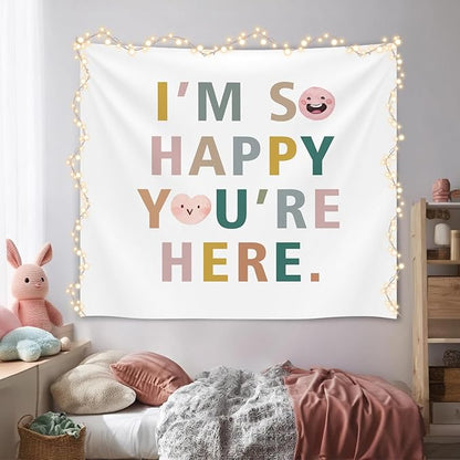 Soft Flannel Wall Tapestry – I'M So Happy You're Here,Inspirational Welcome Tapestry Wall Hanging Decor for Living Room Bedroom,Birthday Party Wall Art Decoration, 59x51 inch(Colorful-I am so happy)