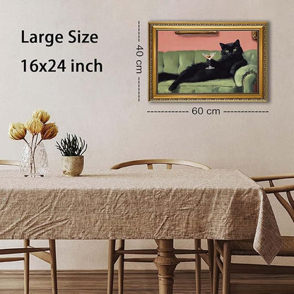 YD&YZY Gold Framed Funny Cat Wall Art Canvas Black Cat Martini Vintage Quirky Humor Bar Cart Wall Decor Cute Animal Painting Picture Print Artwork for Bedroom Living Room Bathroom 16x24 inch Framed