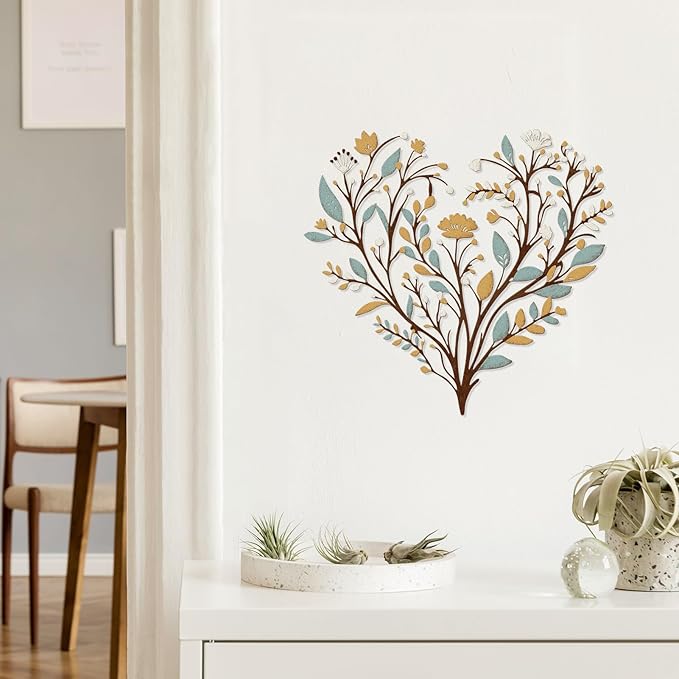 Hnatzu Colorful Flower Metal Wall Art – Vibrant Heart Shaped Floral Decor with Greenery – Boho Chic Printed Wall Decor for Living Room, Bedroom