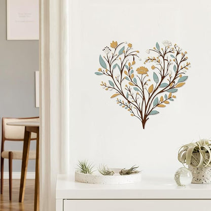 Hnatzu Colorful Flower Metal Wall Art – Vibrant Heart Shaped Floral Decor with Greenery – Boho Chic Printed Wall Decor for Living Room, Bedroom