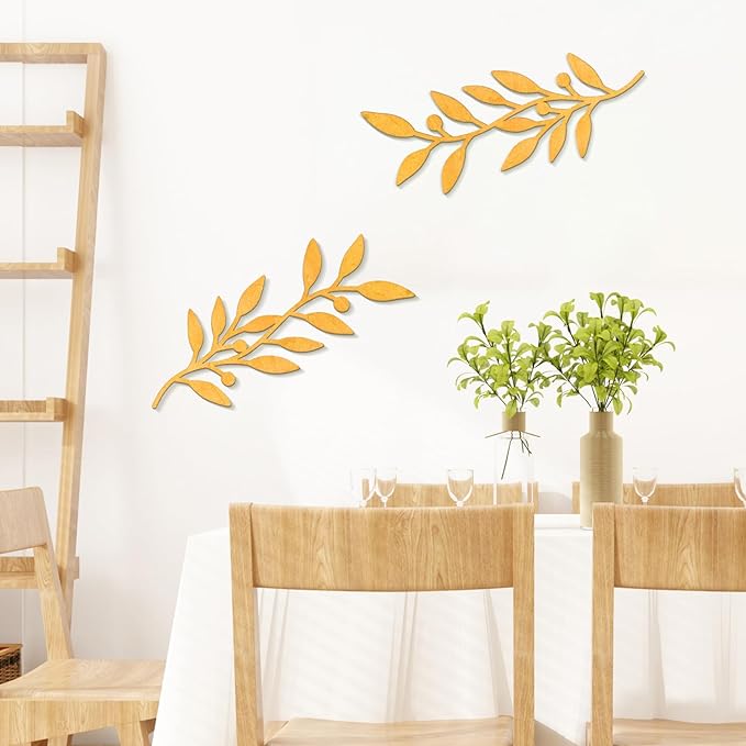 Zzbakress 2 Pieces Black Leaf Wall Decor Living Room, Wooden Vine Olive Branch Leaves Wall Decorations, Wooden Wall Art Decor For Hallway Bathroom Outdoor (Gold)