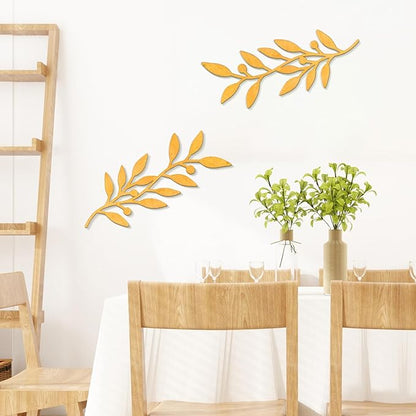 Zzbakress 2 Pieces Black Leaf Wall Decor Living Room, Wooden Vine Olive Branch Leaves Wall Decorations, Wooden Wall Art Decor For Hallway Bathroom Outdoor (Gold)