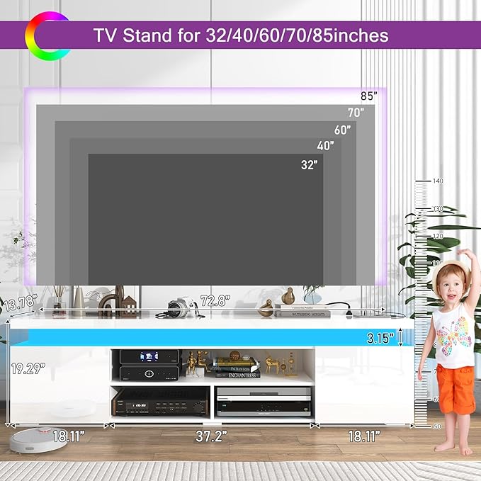 Hlivelood LED TV Stand for 85 Inch TV, Modern TV Stand with Power Outlet, High Gloss TV Console Entertainment Center with Storage and LED Lights for Living Room, Bedroom (73 Inch, White)