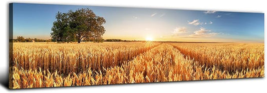 Sunset Forest Wall Art Nature Wheat Field Landscape Pictures Wall Decor for Living Room Kitchen Sunrise Country Meadow Scenic Painting Farmhouse Poster Panoramic Artwork Home Bedroom Decoration 14x48”