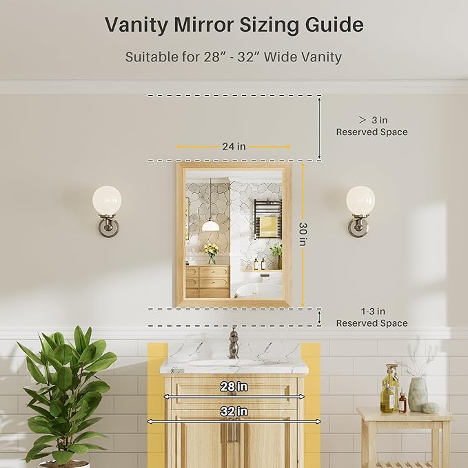 24x30 Inch Bathroom Mirror for Wall, Anti-Rust Oak Wood Grain Metal Framed Bathroom Mirrors for Over Sink,Rectangler Mirrors for Bathroom Vanity, Farmhouse, Bedroom, Living Room, Entryway Decor