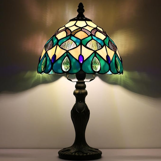 Tiffany Style Lamp Stained Glass Table Lamp 8" x 14.5" Mini Accent Light Blue Phoenix Tail Design Small Decorative Bedside Memory Lamp