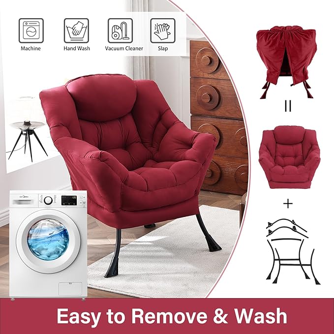 Lazy Chair, Large Accent Chair, Modern Comfy Armchair, Burgundy Chair for Living Room Bedroom Dorm Room Office Apartment Reading Relaxing Use