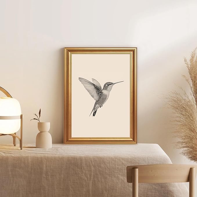 JLTULT Gold Framed Hummingbird Wall Art, Vintage Black White Sketch Wall Decor, Hummingbird Illustration Art Prints for Living Room Bedroom Office 12x16 Inches with Fade-Resistant Easy to Hang