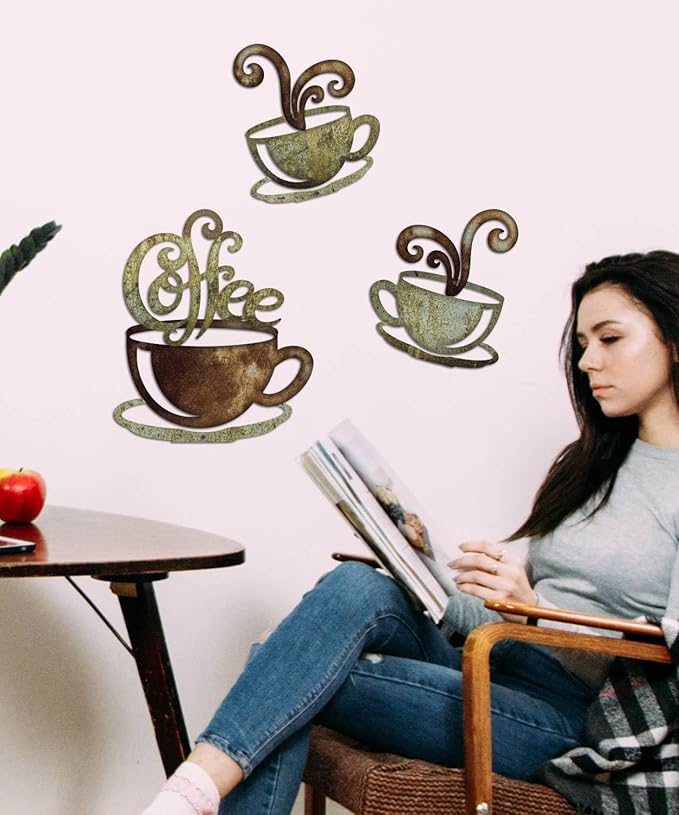 Putuo Decor Rustic Coffee Cup Metal Wall Decor, Vintage Coffee Bar Kitchen Wall Art, Set of 3 Farmhouse Bar Accessories Hanging for Dining Room Cafe Bakery