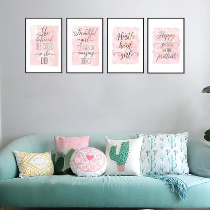 Set of 4 Framed Motivational Wall Art Quote Letters for Living Room Home Decor, Canvas Painting Posters Print Pictures Positive Words for Home Office Teen Bedroom Decoration Nordic
