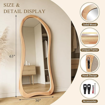 Large Irregular Mirror, 63"x30" Asymmetrical Aesthetic Mirrors with Solid Wood Frame, Premium Organic Shape Floor Mirror for Living Room Entryway Hallway Bedroom Cloakroom, Leaning/Hanging