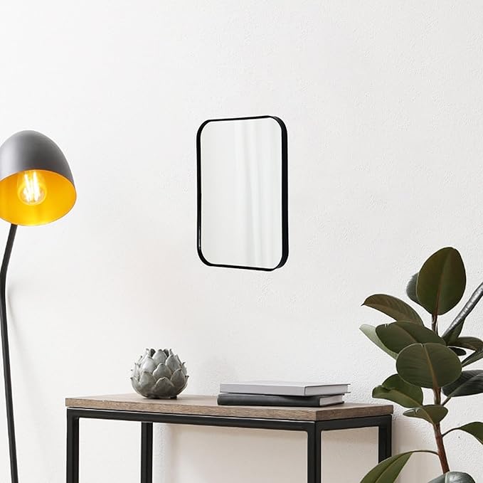 Aluminum Metal Framed Mirror with Rounded Corners, Rust Resistant, Wall Mounted Mirror for Bedroom or Living Room,Vertical Hanging (Black, 11.8x15.7inch)