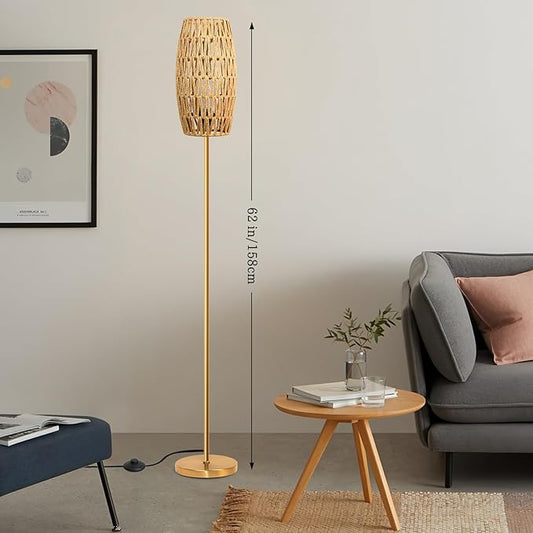Ruiever Floor Lamp for Living Room,Farmhouse Floor lamp,Modern Standing lamp with Hand-Worked Rattan Shade (Drum Rattan Shade Body Gold Color-3 Color Bulb)