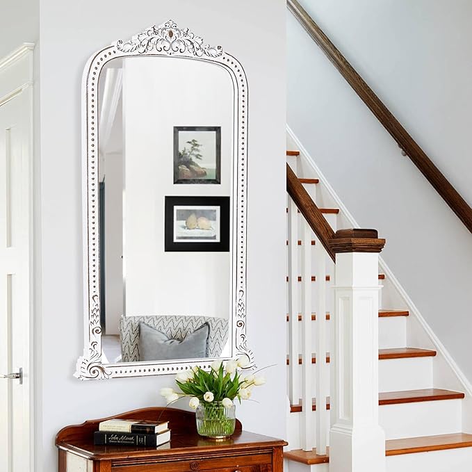 HOITUZYUS French Vintage Statement Full Length Mirror: 47x27 Inch Baroque Arched Floor Mirror - Wooden Ornate Long Body Mirrors Home Decor for Wall, Dressing Room, Bedroom, Cloakroom, Entryway
