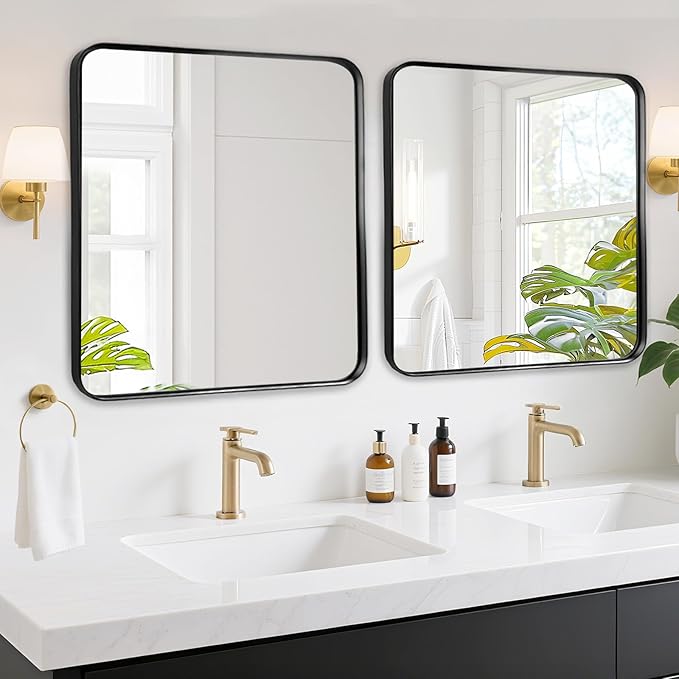 30x30 Inch Bathroom Mirrors for Over Sink - Black Metal Framed Square Mirror for Bathroom, Black Wall Mounted Vanity Mirrors for Restroom, Entryway, High-Definition