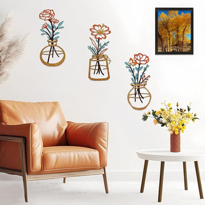 Metal-Wall-Decor Living Room - 3 Pcs Metal Bathroom Wall Art Floral Vase and Picture Frame for Decoration- Hanging Display Wall Decor Art for Home Dining Room Bedroom Kitchen Farmhouse,Orange