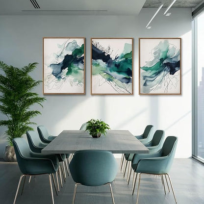 myusuar 3 Piece Large Abstract Framed Wall Art For Living Room, Smoke Texture Ink Emerald Green Canvas Wall Art Modern Minimalist Art Prints Wall Décor For Bedroom Office 16x24in
