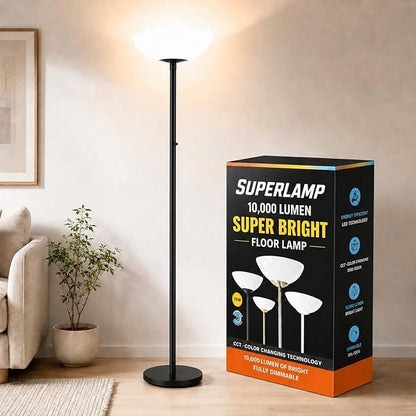 Modern Floor Superlamp 10000 Lumen - LED 75W, Dimmable 5 Changing Color, 85 CRI All Around Light, Tall Corner Standing Lamp with Cement Base and Acrylic Shade, Glare Free UpLight Kit Ready - Black