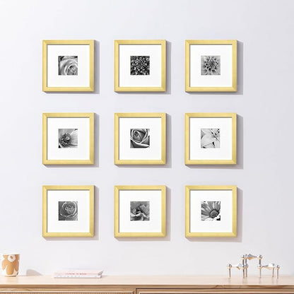 eletecpro 8x8 Picture Frames Set of 9 with Mat for 4x4 Photos or without Mat for 8x8, Square Gallery Wall Decor Collage for Picture Display, Gold Frame Set for Wall Hanging