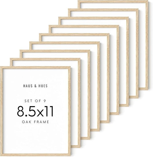 HAUS AND HUES Beige Oak Wood 8.5x11 Picture Frame - Modern Wood Wall Art Display - Lightweight 8.5x11 Frame for Art Prints, Photos, Posters - Ready-to-Hang Vertically & Horizontally (Set of 9)